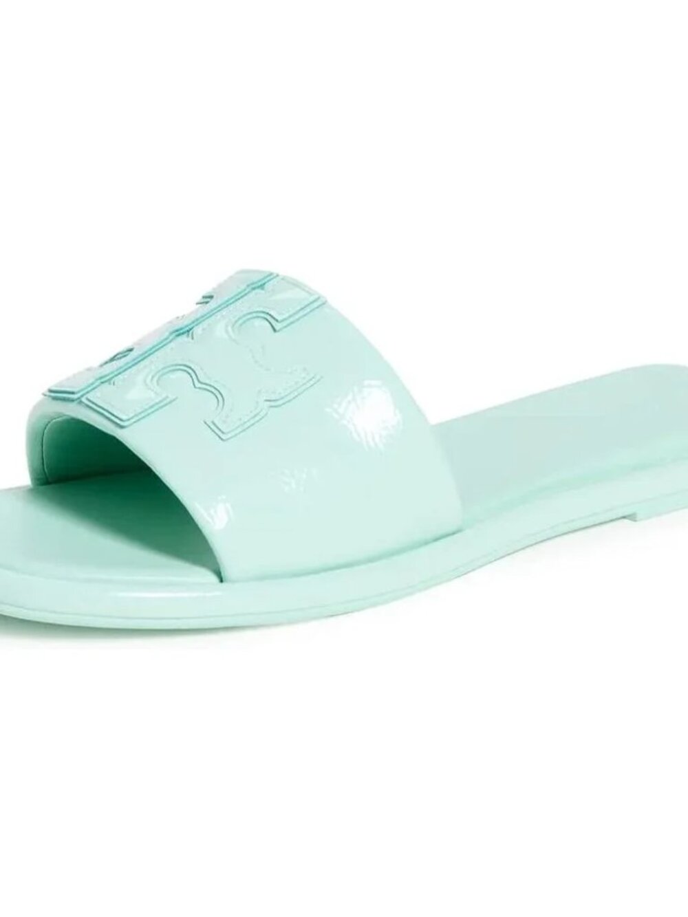 Tory Burch Double T Sport Slide Leather Sandals in Mint Green Patent